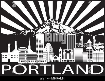 Portland Oregon Umrisse Silhouette mit Sicht auf die City Skyline mit Mount Hood Sonnenstrahlen Schwarz isoliert auf weißem Hintergrund Abbildung Stock Vektor