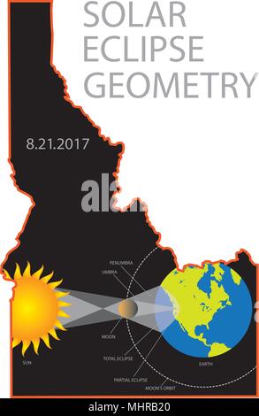 2017 Sonnenfinsternis Totalität Geometrie über Idaho State Städte Karte Farbe Abbildung: Stock Vektor