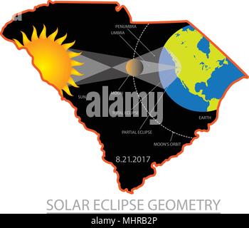 2017 Sonnenfinsternis Geometrie Totalität in South Carolina State Städte Karte Farbe Abbildung: Stock Vektor