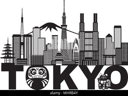 Tokio Japan Stadt Skyline Panorama Daruma-Puppe Maneki Neko Katze Text schwarz und weiß-Abbildung Stock Vektor