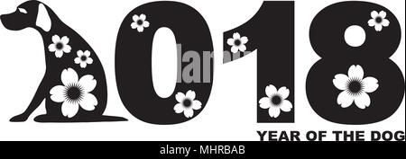 2018 Chinese Lunar New Year der Hund Ziffer niedlichen Hund Silhouette und Blumen Motfi Illustration Stock Vektor