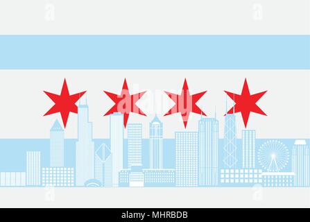 Chicago Skyline Panorama Farbe Umrisse Silhouette mit Flagge isoliert auf weißem Hintergrund Abbildung Stock Vektor