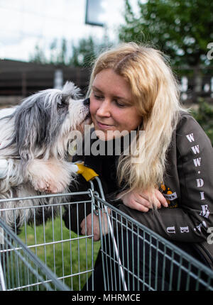 03. Mai 2018, Deutschland, Dortmund: Tom Tom die Tibetische Terrier Bastard steht mit seinen Pfoten auf einem kleinen Einkaufswagen und gibt Film animal trainer Claudia Naumann einen Kuss auf die Wange vor dem "Hund und Katz 2018 Hund und Katze" (2018) zeigen, die läuft vom 11. bis 13. Mai. Foto: Guido Kirchner/dpa Quelle: dpa Picture alliance/Alamy leben Nachrichten Stockfoto