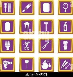 Friseur Icons Set lila Quadrat Vektor Stock Vektor