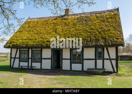 Typische weiß getünchtes Haus mit Reetdach im Freilichtmuseum in Kluki Dorf. Polen Stockfoto