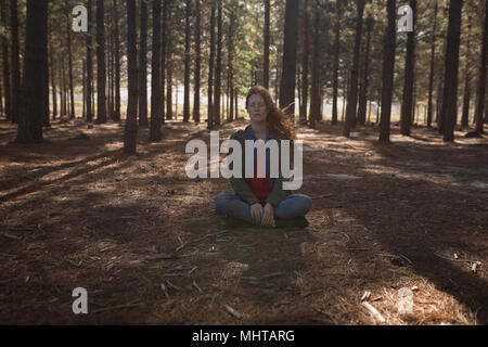 Frau Meditation im Wald Stockfoto