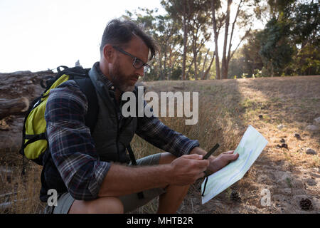 Mann, Blick auf die Karte im Wald Stockfoto