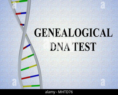 3D-Abbildung der genealogischen DNA TEST script mit DNA-Doppelhelix, auf hellblauem Hintergrund isoliert Stockfoto