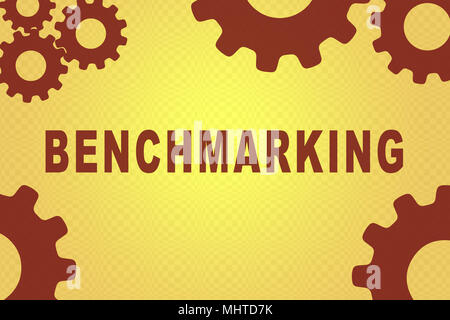 BENCHMARKING anmelden Konzept Abbildung mit roten Zahnrad Zahlen auf gelbem Hintergrund Stockfoto