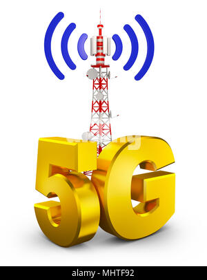 5 G und einem Turm. 3D-Rendering. Stockfoto