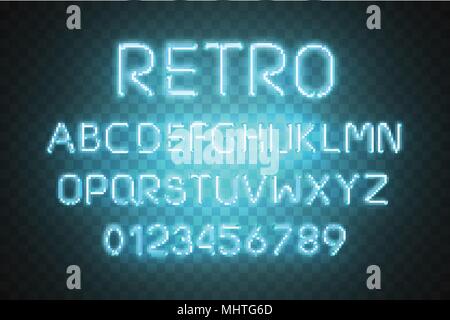 Licht Neon Font Alphabet Vektor. Glühende text Effekt. Neon Schlauch blau Buchstaben auf transparentem Hintergrund isoliert. Vector Illustration EPS 10. Stock Vektor