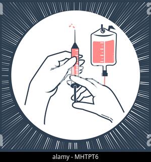 Hände von einer Krankenschwester in medizinische Handschuhe drücken Sie die Spritze bereit shot Vector Illustration zu injizieren. Impfung oder medizinische Injektion Bild. Gesundheit, Medica Stock Vektor