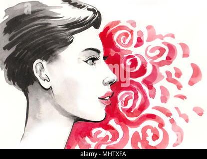 Hübsche Frau mit kurzen Haaren und roten Rose Hintergrund Stockfoto
