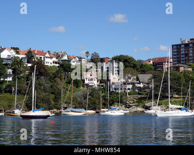 Eine Sammlung von Yachten vor Anker in einer Bucht im Hafen von Sydney Stockfoto