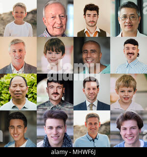 4x4-Collage aus kopfschüsse von verschiedensten Männer, darunter Kinder, Jugendliche, Erwachsene und Senioren. Stockfoto