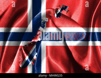 Flagge Norwegen. Blau skandinavischen Kreuz über dem Dannebrog mit norwegischen Karte und Land Name auf das 3D-Bild Stockfoto