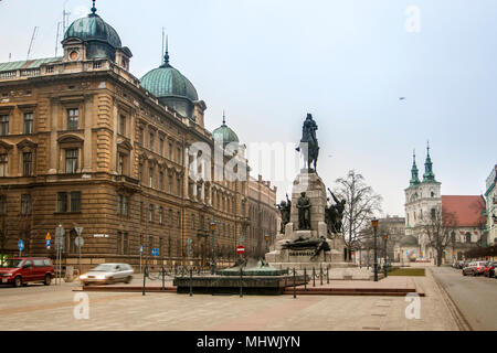 Krakau, Polen/Polen - 04.Februar 2018: Grunwald Denkmal. Oben auf er Pferd ist König Wladyslaw Jagiello Stockfoto