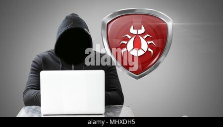 Virus bug Shield und Hacker auf Laptop Stockfoto
