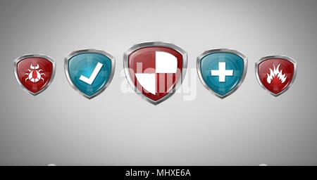 Antivirus Sicherheit ktion Schilde auf grauem Hintergrund Stockfoto