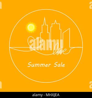 Retro Summer Sale Vector Illustration der abstrakten Stadt und Herz und Liebe im kontinuierlichen Zeichnen von Linien im flachen Design Stil Stock Vektor