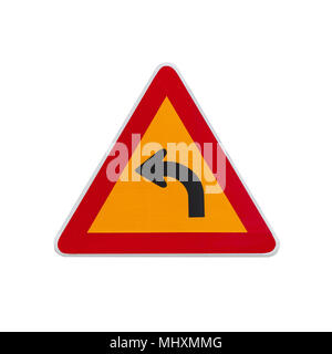 Gefährliche biegen Sie links, Warnung Verkehrsschild auf weißem Hintergrund Stockfoto
