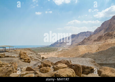 Qumran National Park, wo die Schriftrollen vom Toten Meer gefunden wurden, und es wurde eine Siedlung essenes in Juda Wüste in der Nähe Totes Meer, Israel Stockfoto