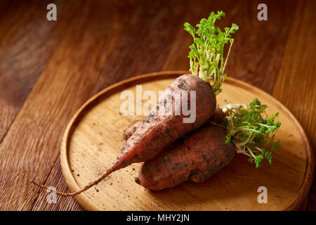 Bündel von Karotten mit Boden auf hölzernen Platte über rustikal Hintergrund, Seitenansicht, Nahaufnahme, selektiven Fokus. Ernte Bündel. Frische rohe Karotin. Stockfoto