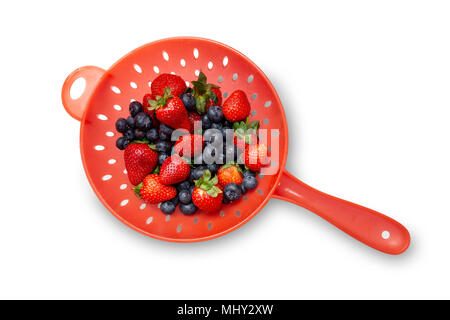 Erdbeeren und Blaubeeren als gesund essen von Früchten, die vor kurzem in einem roten Sieb auf eine weiße Fläche gewaschen Stockfoto