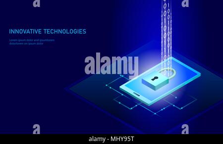 Isometrische Internet Security Lock Geschäftskonzept. Blau leuchtende Isometrische persönliche Daten Verbindung pc smartphone Technik der Zukunft. 3D-infografik Vector Illustration Stock Vektor