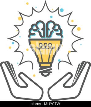 Kreative Idee - Glühbirne und Gehirn Symbol mit Händen unterstützt. Stock Vektor