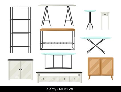 Einrichtung und Möbel. Vitrinen mit Regalen, Schränken und Tabellen Stock Vektor