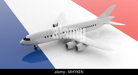 Leere Commercial Airplane mit vier Motoren, auf Flagge Frankreich Hintergrund, Ansicht von oben. 3D-Darstellung Stockfoto