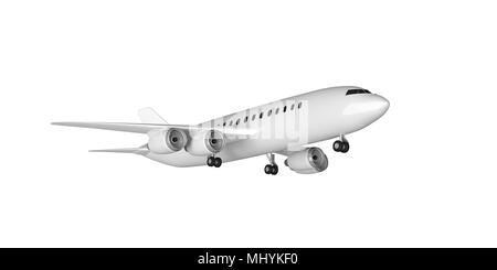 Leere Commercial Airplane Takeoff, mit vier Motoren, isolierten Ausschnitt auf weißen Hintergrund. 3D-Darstellung Stockfoto