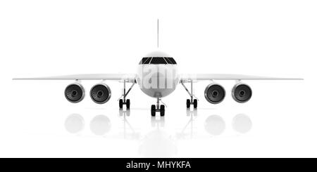 Leere Commercial Airplane mit vier Motoren, auf weißem Hintergrund, Vorderansicht. 3D-Darstellung Stockfoto