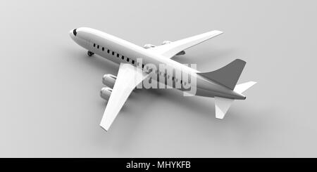 Leere Commercial Airplane mit vier Motoren, auf grauem Hintergrund isoliert, Ansicht von oben. 3D-Darstellung Stockfoto