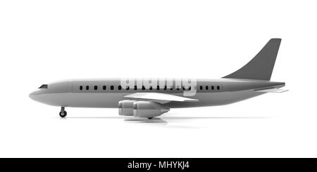 Leere Commercial Airplane mit vier Motoren, auf weißem Hintergrund, Seitenansicht. 3D-Darstellung Stockfoto