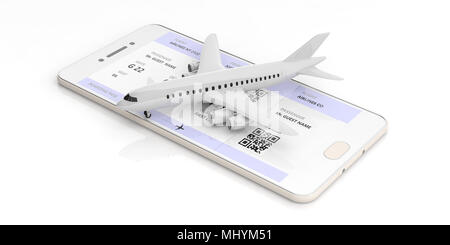 Mobile Check-in und Boarding Pass. Leere Flugzeug auf einem Smartphone, auf weißem Hintergrund. 3D-Darstellung Stockfoto