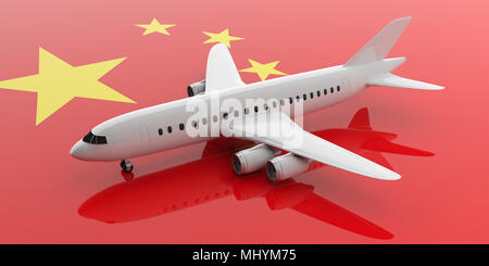 Leere Commercial Airplane mit vier Motoren, auf China Flagge im Hintergrund, Blick von oben. 3D-Darstellung Stockfoto