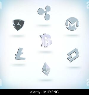 Cryptocurrency Symbole gesetzt. Kryptographie Währung. Bitcoin, Bindestrich, des Astraleums, litecoin, monero, nem, Welligkeit Silbermünzen. Finanzielle Technologie. Digitale cu Stock Vektor