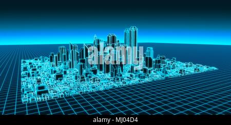 3D holographische Abbildung der Stadt. Geeignet für Technologie, Internet und futuristische Themen. Stockfoto