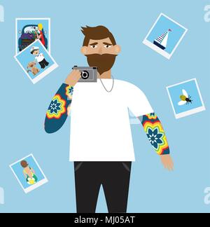 Ein hipster Fotograf mit dem Bart Holding eine Kamera. EPS 10. Stock Vektor