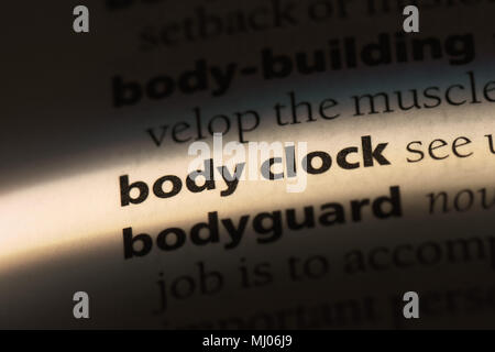 Body Clock Wort in einem Wörterbuch. Body Clock Konzept. Stockfoto