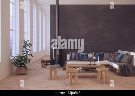 moderne trendige skandinavische Inneneinrichtung Kamin, Glas Stockfoto