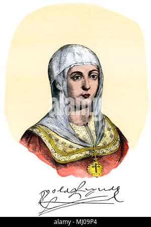 Isabella I., Königin von Kastilien, mit Ihrer Unterschrift. Hand - farbige Holzschnitt Stockfoto