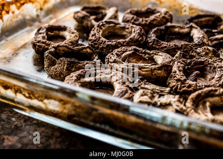 Gebackene Champignons in Glasschale. (Furchtsam Essen) hausgemachte Speisen. Stockfoto