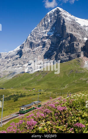 Der Eiger und seine berüchtigten North Face (Eiger Nordwand) von Kleine Scheidegg mit der Wengernalpbahn Bahn von Grindelwald, Schweiz Stockfoto