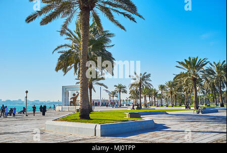 DOHA, Katar - 13. FEBRUAR 2018: Die Zeilen der üppigen Palmen im Park, in Corniche gelegen, erstreckt sich entlang der West Bay Küste, auf Februar Stockfoto