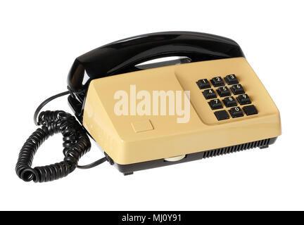 Alte 1970er Telefon mit Tastatur isoliert auf Weiss. Stockfoto