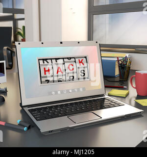 Computer in einem Büro gehackt, 3D-Rendering Stockfoto