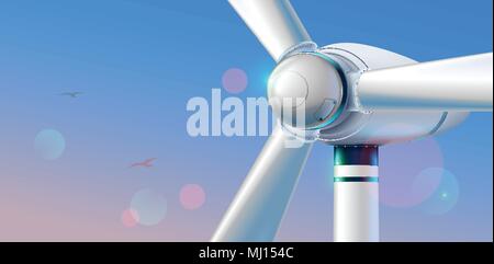 Windkraftanlage hautnah. Abstrakte Windkraftanlagen produzieren erneuerbare alternative Energie auf klaren Himmel Hintergrund in den Morgen. Antenne anzeigen. Stock Vektor